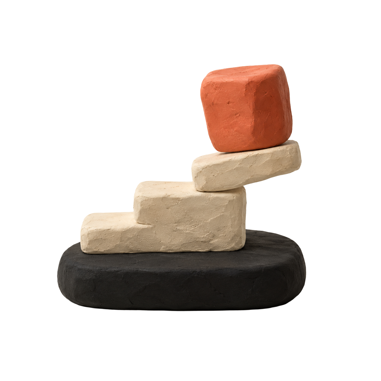 Clay sculpture: a rising stack lifting a coral block — capability lifted by the platform underneath.